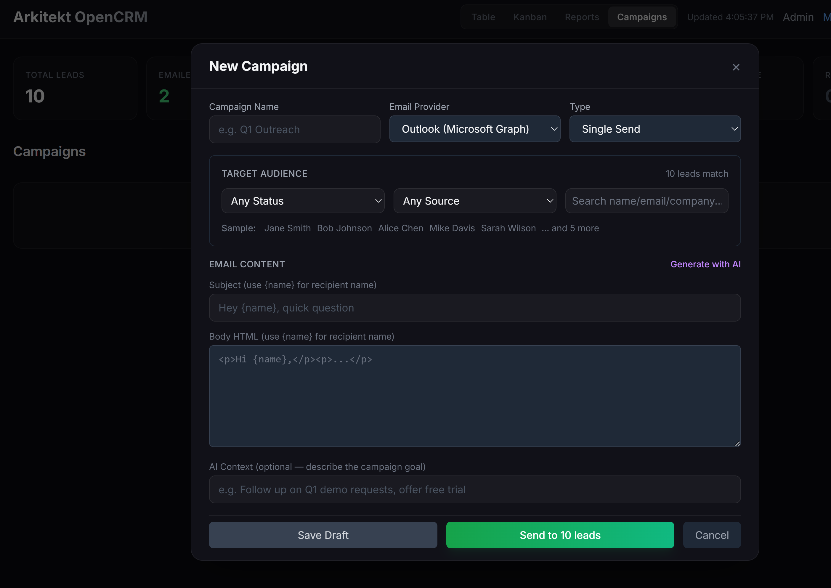 Campaign builder showing audience filters, AI-generated email copy, and provider selection