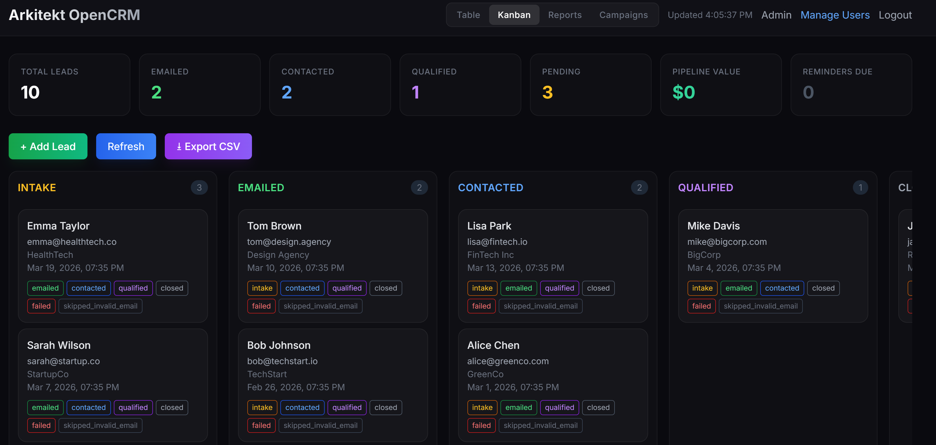 Kanban pipeline view of the Arkitekt CRM showing leads moving through intake, emailed, contacted, qualified, and closed columns